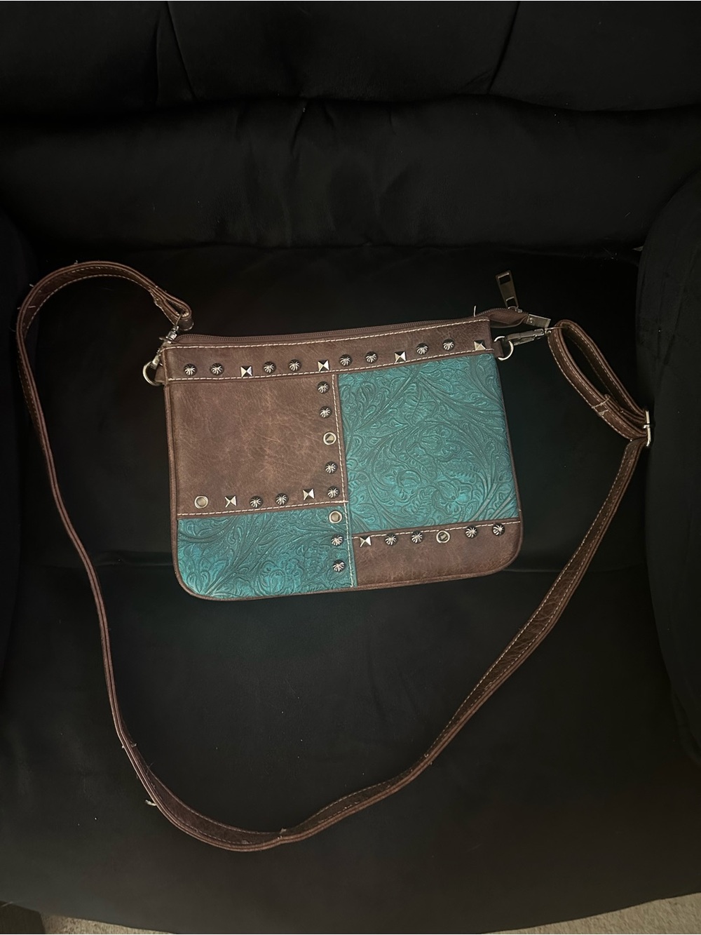 Brown and Teal Crossbody Bag with Stud Detail - Women